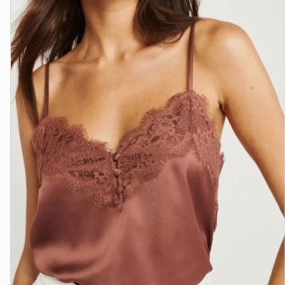 Abercrombie & Fitch Womens Sz Small Satin Lace Trim Cami Dusty Rose Pink Buttons